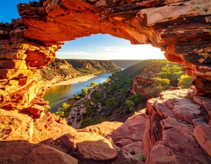 Sun-drenched vista through a rock arch