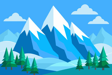 A majestic cartoon scene of icy mountains with pine trees vector illustration