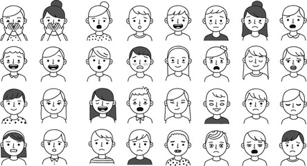 Cartoon emotion faces, black and white sketch, facial expressions, character icons, mood chart, vector illustration, psychology, reaction, feeling, emotion