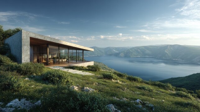 Sun-Kissed Modernist Villa on a Verdant Hillside with Majestic Fjord Views.