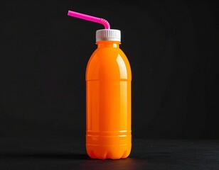 Bright orange plastic bottle with white cap and pink bendable straw, placed against a solid black background for bold contrast
