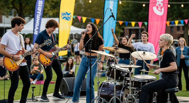 Energetic Live Band Performing Outdoors at a Festival, Capturing the Joy and Excitement of the Event