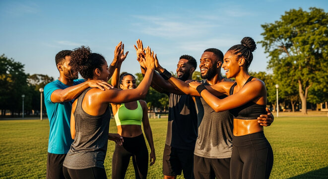 Joyful group of diverse African American friends celebrating a successful workout with a team high five in the park - Powered by Adobe