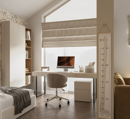 Cozy and stylish kids room with soft textiles, playful wall art and favorite toys. A warm and creative space for children to study, rest and dream