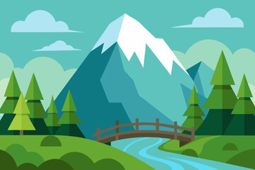 Fototapeta premium A scenic cartoon scene of a mountain forest with a bridge vector illustration