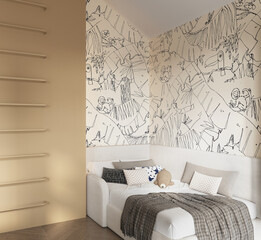 Cozy and stylish kids room with soft textiles, playful wall art and favorite toys. A warm and creative space for children to study, rest and dream