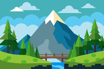 A simple cartoon of a mountain forest with a bridge vector illustration