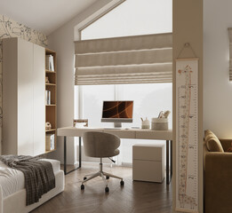 Cozy and stylish kids room with soft textiles, playful wall art and favorite toys. A warm and creative space for children to study, rest and dream