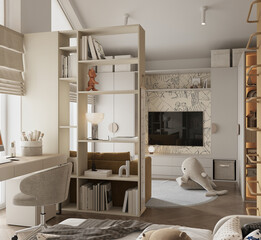 Cozy and stylish kids room with soft textiles, playful wall art and favorite toys. A warm and creative space for children to study, rest and dream