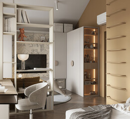 Cozy and stylish kids room with soft textiles, playful wall art and favorite toys. A warm and creative space for children to study, rest and dream