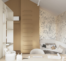 Cozy and stylish kids room with soft textiles, playful wall art and favorite toys. A warm and creative space for children to study, rest and dream