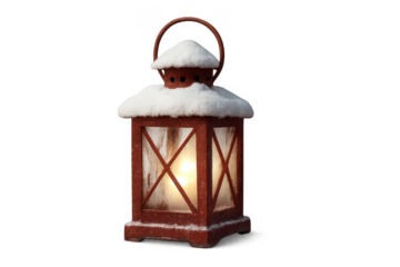 Red christmas lantern covered with snow emitting warm light on transparent background