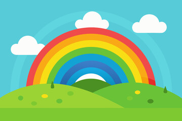 A cartoon illustration of a meadow with a rainbow after rain vector illustration