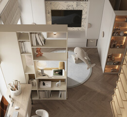 Cozy and stylish kids room with soft textiles, playful wall art and favorite toys. A warm and creative space for children to study, rest and dream