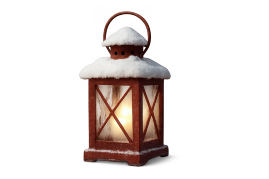 Red christmas lantern covered with snow emitting warm light on transparent background
