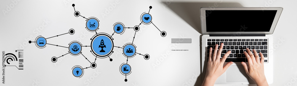 Poster a sleek laptop with hands typing, surrounded by connected icons showcasing technology and communicat