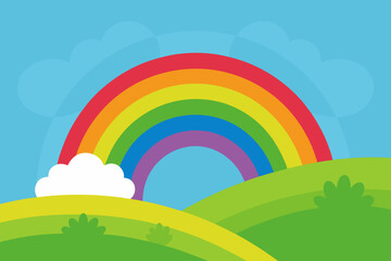 A beautiful cartoon scene of a meadow with a rainbow vector illustration