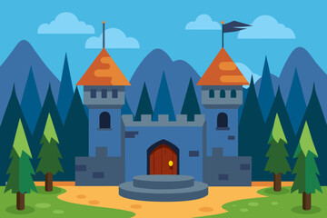 A cartoon medieval castle courtyard background vector illustration