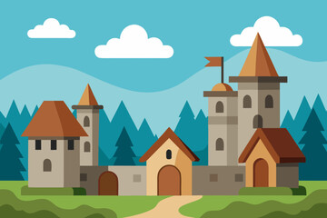 A cartoon medieval village background with stone houses vector illustration