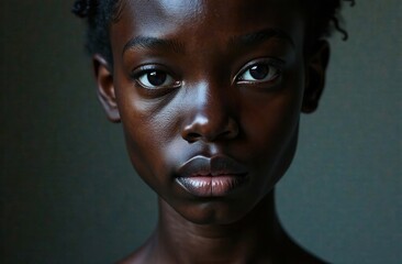 A close-up of a beautiful black woman beaming with a captivating gaze. High quality photo