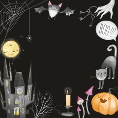 Square frame for halloween party invitation. Black background.