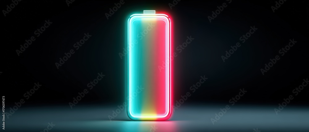 Poster futuristic neon battery icon displaying energy level in a dark and minimalistic environment