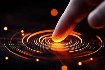 A close-up of a fingertip touching a glowing surface, creating concentric ripples of light and energy in vibrant orange tones.