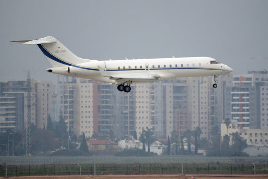 Tel Aviv, Israel &ndash; 02.22.2020: Bombardier Global 6000 HB-JGP landing at Ben Gurion Airport
