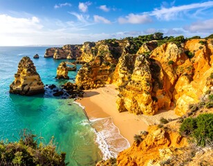 Coastal scenery with golden rocks