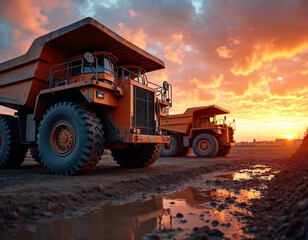Heavy dump trucks parked at construction site during sunset. Large orange vehicles rest on dusty ground with reflections in water puddles. Dramatic sky with vibrant clouds paints scene of industrial