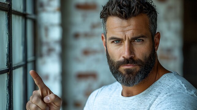 Man with beard and pointing finger