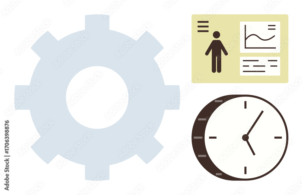 Poster gear symbolizing process optimization, clock for time management, and analytics dashboard for perfor