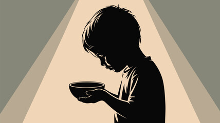 Vulnerable child holds empty bowl hoping for kindness and help with hunger in a powerful graphic