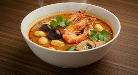 Delicious Tom Yum Soup with Shrimp Mushrooms and Aromatic Herbs in White Bowl Classic Thai Cuisine Still Life