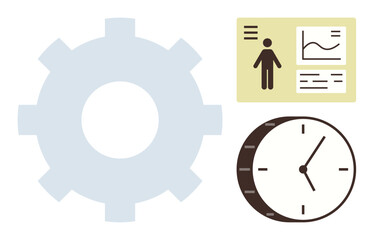 Gear symbolizing process optimization, clock for time management, and analytics dashboard for performance tracking. Ideal for productivity, workflow, efficiency, organization, planning, data