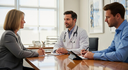 Doctor in a consultation with a couple discussing their medical treatment plan at a desk in a modern medical office