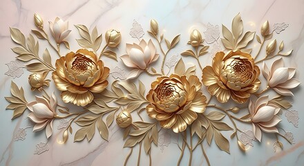 Luxurious golden and pink flowers with golden leaves on a marble background