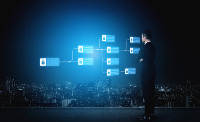 Blockchain structure showing distributed data blocks linked with encryption, representing secure...