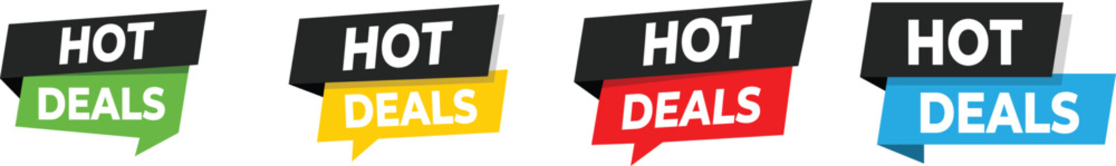 Hot Deals Colorful Banner Set. Green Yellow Red Blue Best Discounts Special Shopping Offers Big Savings Limited Time Promotion Ecommerce Store Retail Ads Use