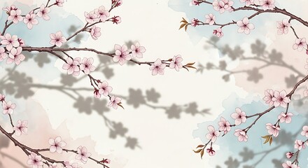 Delicate cherry blossom branches with soft pink flowers and shadows