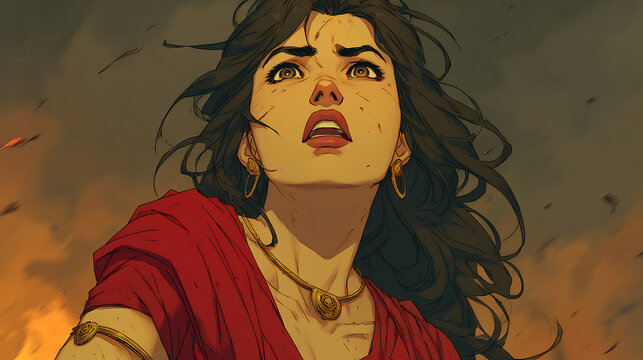 Draupadi defying Vastra Haran illustrating vulnerability inner strength dramatic Mahabharata moment mythological storytelling digital illustration