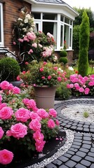 Fototapeta premium Lush rose garden surrounding a home, showcasing vibrant pink blooms and manicured green spaces