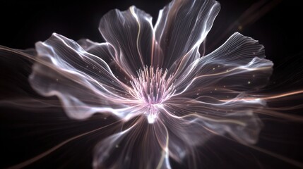 Obraz premium Ethereal floral design with translucent petals and glowing stamen on dark background