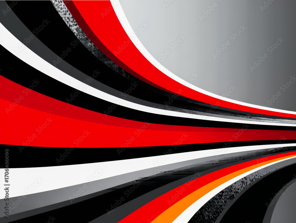 Poster black and white striped image with red and orange lines. the image has a bold and dynamic feel to it