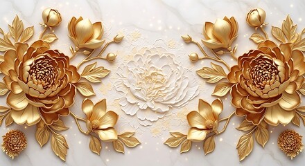 Luxurious golden floral arrangement with intricate details and a central embossed flower