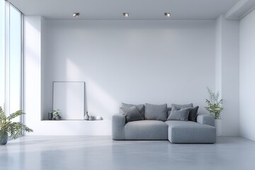 Fototapeta premium Modern living room design featuring a gray sofa and minimalist decor with natural light streaming in