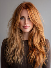 Wavy to smooth long hairstyle makeover, redhead woman in warm lighting, natural studio portrait with side by side comparison, high detail fashion hair transformation