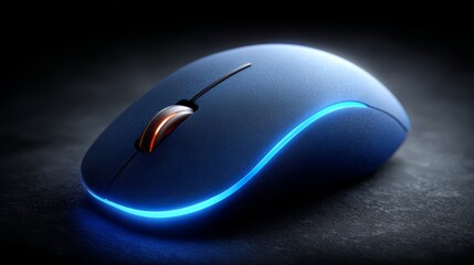 Blue computer mouse with a glowing blue tip. The mouse is sitting on a dark surface. The blue color of the mouse