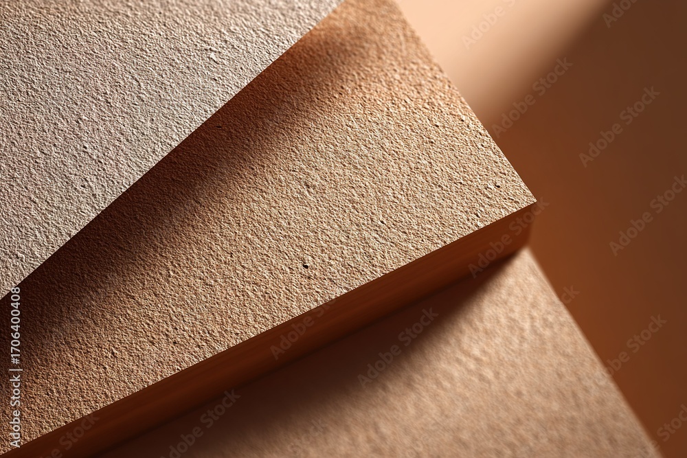 Poster Texture of stacked sheets of brown craft paper illuminated by soft light in a warm setting