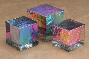 Obraz premium Colorful translucent glass cubes with reflective surfaces displayed on a neutral background